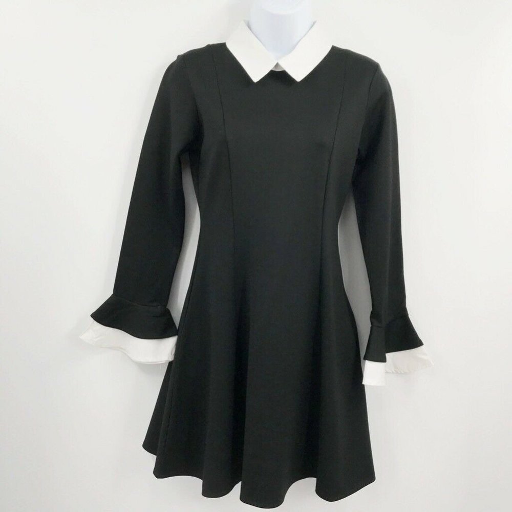 Flower Fairy Skater Dress Black White Collar Sz S
